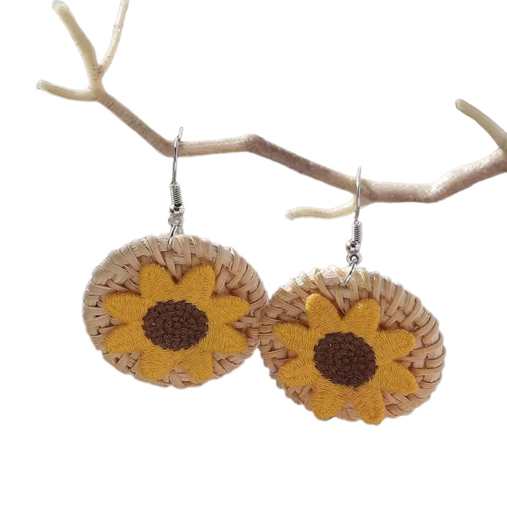 Wicker and Fabric Sunflower Drop Earrings